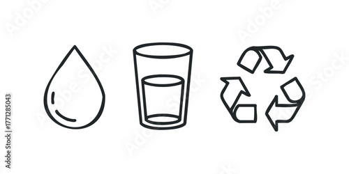 Water drop, drinking glass, and recycling symbol icons