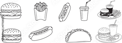 Collection of hand-drawn fast food icons featuring burgers hot dogs tacos and drinks for a classic menu design vector