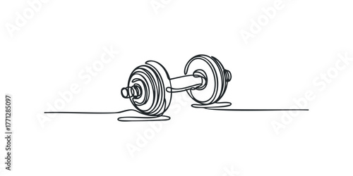 Continuous line drawing of a single dumbbell on a white background
