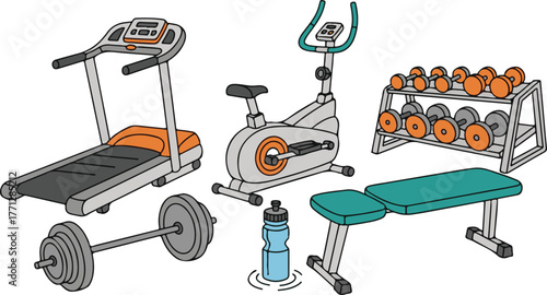 Comprehensive home gym equipment collection treadmill stationary bike dumbbells weight bench workout gear vector