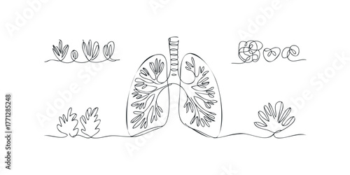 Line art drawing of human lungs and plant elements