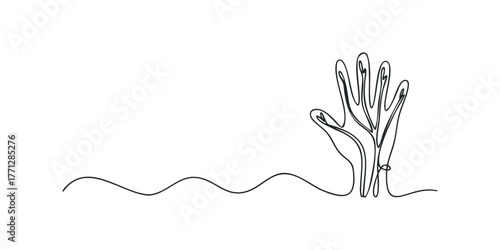 Abstract one line drawing of a plant emerging from waves