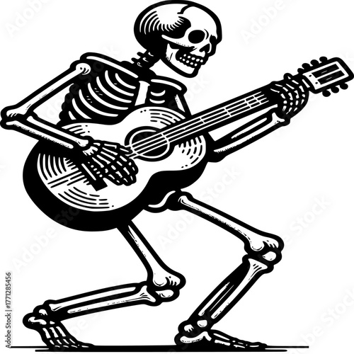 Skeleton Serenade: A skeletal figure strums a guitar with a touch of macabre humor, embodying the spirit of music in a unique artistic rendition.