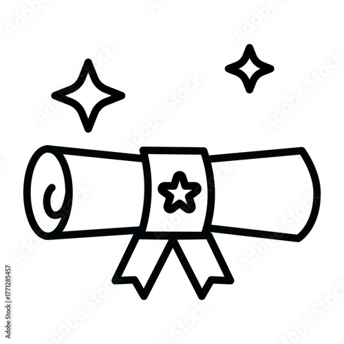 Diploma icon vector with ribbon and stars symbolizing education, certification, and achievement, manually traced for smooth line art and clear illustration.