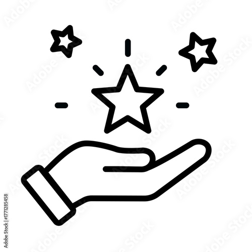 Hand with star icon vector representing support, appreciation, and reward, manually traced for precise line art and clean balanced minimalist illustration.