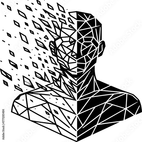 Fragmented Thoughts: A graphic representation of a human head, split between solid and dissolving geometric forms, symbolizing the ephemeral nature of ideas and thoughts. 