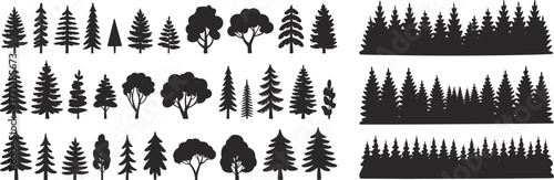 Vector silhouette set of trees and forest illustration, pine and deciduous woodland collection, nature landscape clipart, outdoor environment design elements