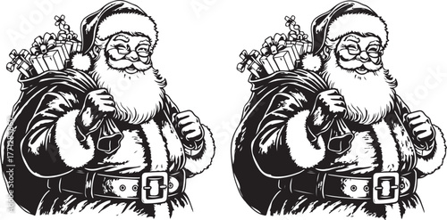 Classic santa claus with gift bag vintage sketch art black and white christmas holiday celebration vector