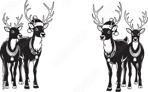 Majestic reindeer herd adorned with festive christmas bells and hats for holiday celebration vector