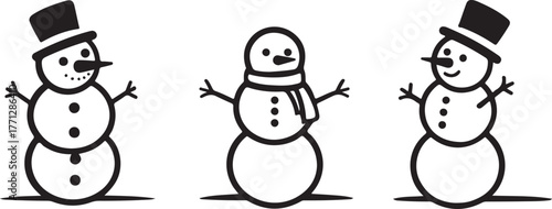 Three cheerful cartoon snowmen in top hats and scarves with carrot noses and stick arms vector