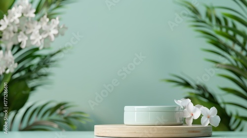 Product showcase on a green podium, forest background, white flowers, wooden platform in a tropical garden.