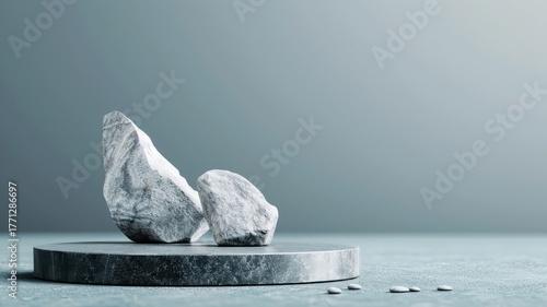 Dramatic black podium on a stone background with rock texture, creating a 3D stage with abstract geometric marble design and dark studio atmosphere.