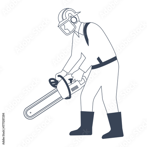 ヘルメットと防護具を付けたチェーンソーを扱う男性作業員