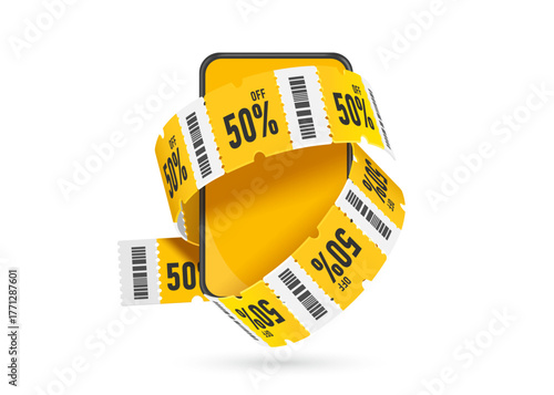 Promotion sign or tag label template 50% off yellow rotating around smartphone for online shopping advertising design, vector 3d isolated for banner advertising design