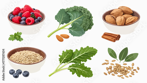 Set of Super Foods icons - Almonds, seeds, berries, leaf illustrations