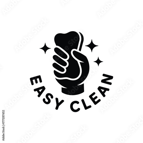 Hand holding sponge with easy clean text and sparkles