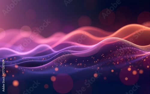 Abstract gradient particle waves seamlessly flowing with soft purple light and bokeh. Orange and blue digital waves. Technology, engineering, science, and artificial intelligence background