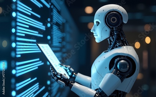 Robot reviewing digital resumes artificial intelligence recruitment. High quality