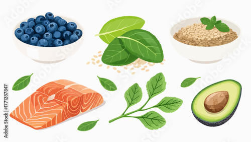 Set of Super Foods Icons Illustrations - Meat, Lead, Berries icon illustrations on white background