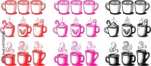 Collection of stylized coffee and tea cups in various colors and drawing styles perfect for a beverage advertisement. vector