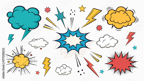 colorful comic action icon set speech bubbles