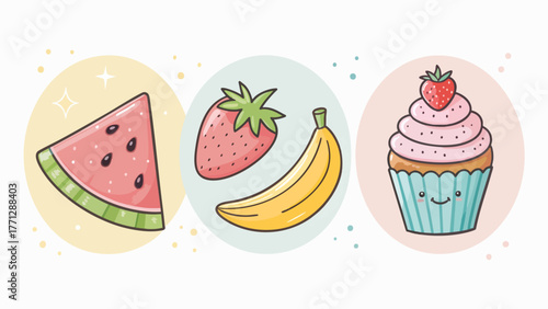 Set of Colorful Fruits and foods Icons on white background