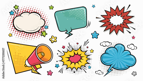 colorful comic action icon set speech bubbles