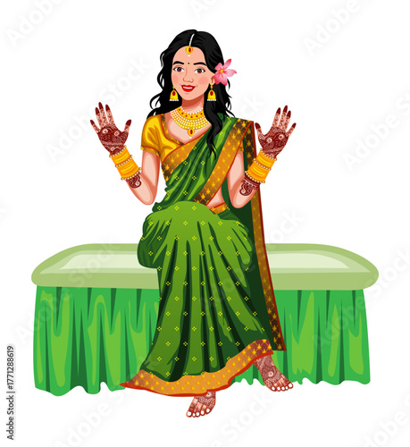 Indian Wedding Bride Celebrate Mehndi Ceremony Vector Illustration