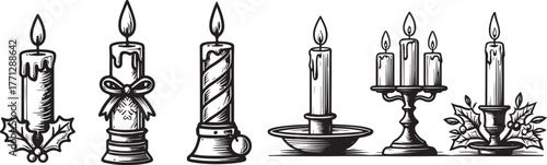 Collection of vintage christmas candles and candelabra decorated with holly and ribbon festive holidays warm glow vector