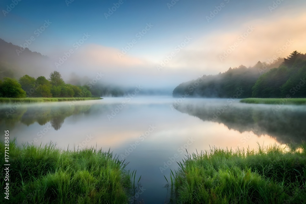 Fototapeta premium A serene lake in a valley with morning fog lifting gently