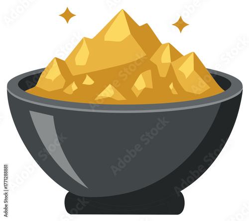 A bowl filled with sparkling gold nuggets and precious treasure vector illustration
