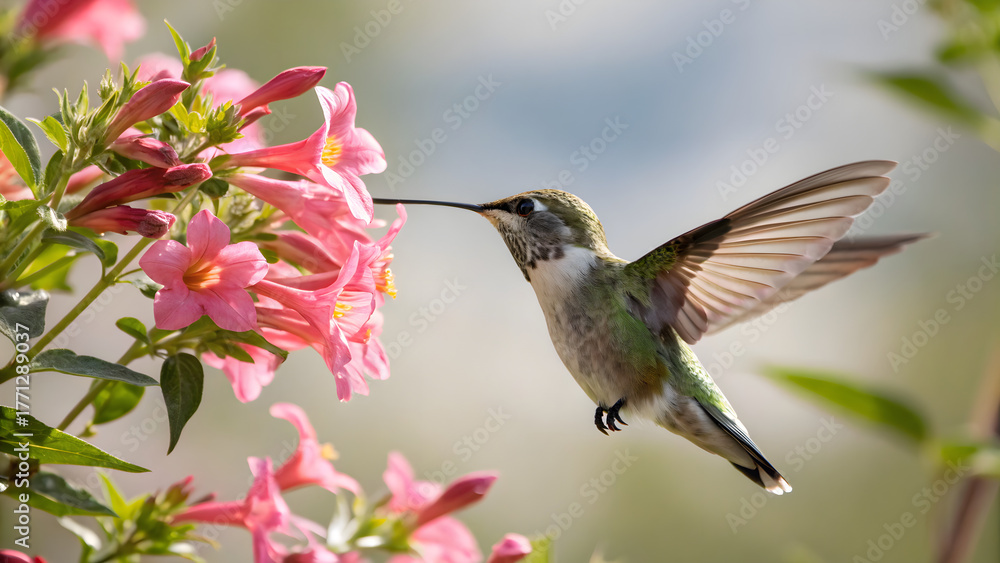 Fototapeta premium Hummingbird feeding on pink flowers close up