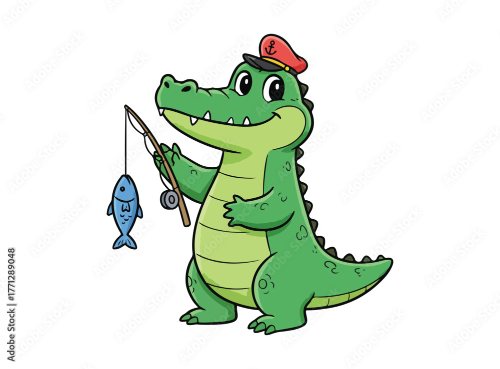 Naklejka premium Cute crocodile cartoon vector icon illustration. Wearing a hat. Catching fish