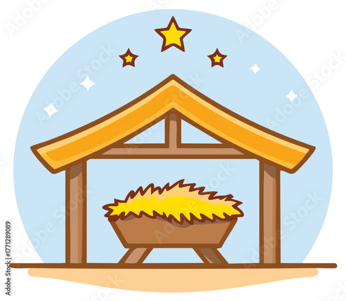 Nativity scene cartoon with a manger in a wooden stable under the holy Christmas star