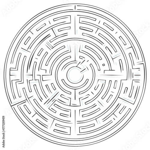 Elaborate circular maze sketch illustration design, navigating labyrinth concept and strategic challenge