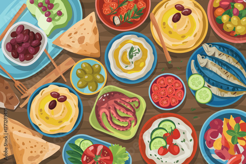 Colorful overhead view of a delicious mediterranean mezze platter