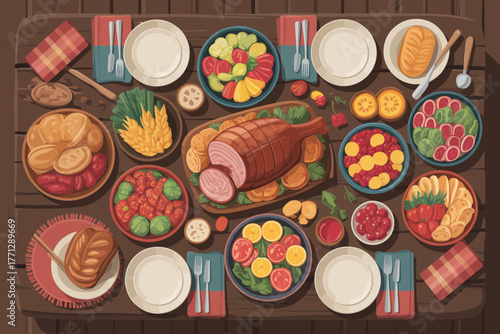 Abundant holiday feast laid out on a rustic wooden table