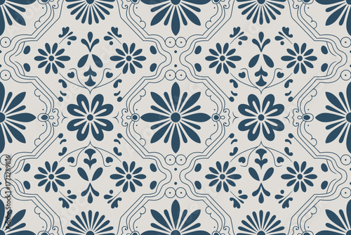 Seamless traditional floral pattern in blue and beige