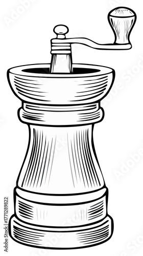 Classic Manual Grinder with Crank Handle Kitchen Utensil Illustration