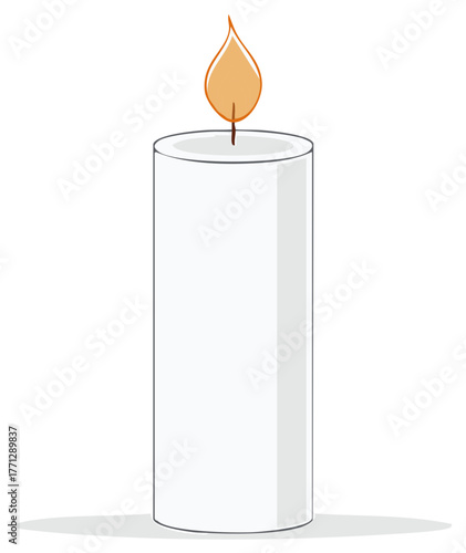 Simple White Pillar Candle Burning with an Orange Flame Vector Illustration