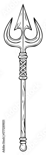Outline illustration of a powerful mythological trident with three prongs and a decorative handle