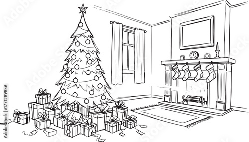 Cozy christmas scene festive decorated tree presents fireplace cozy room line drawing holiday atmosphere vector