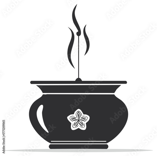 Incense Pot with Smoke and Flower Illustration in Black and White Minimalist Design