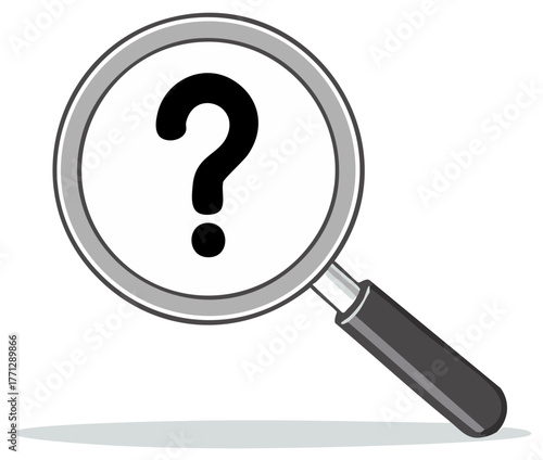 Magnifying glass searching with black question mark, concept of discovery and investigation.