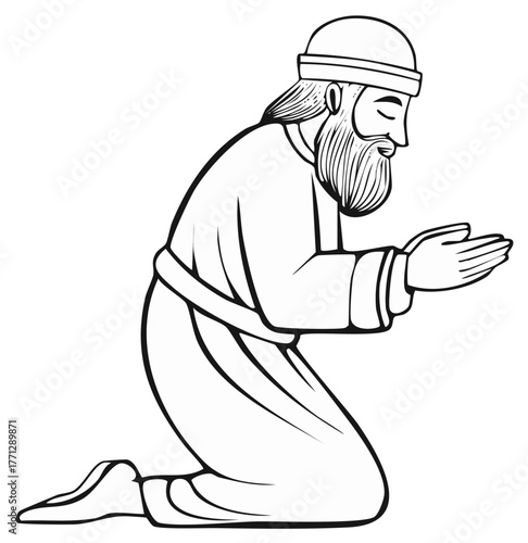 Kneeling man with beard in flowing robe prays with hands outstretched in monochrome line art illustration