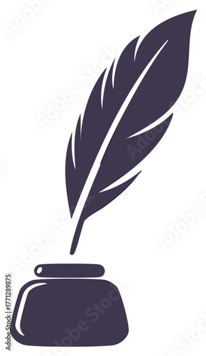 Classic feather quill pen dipping into an inkwell symbol for writing and literature