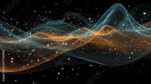 Abstract wavy mesh with glowing particles on a black background. Use to show data flow, technology, or scientific concepts.
