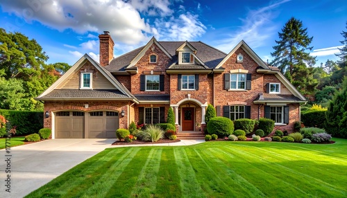 Grand brick house with lush green lawn under a bright blue sky filled with fluffy clouds