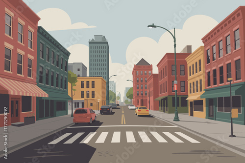 Urban street scene with colorful buildings and cars on a cloudy day