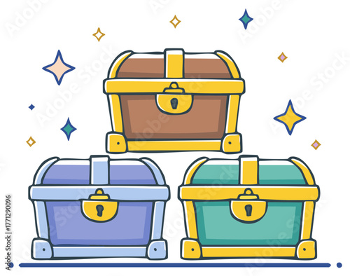 Colorful cartoon treasure chests illustration with sparkles and gold locks